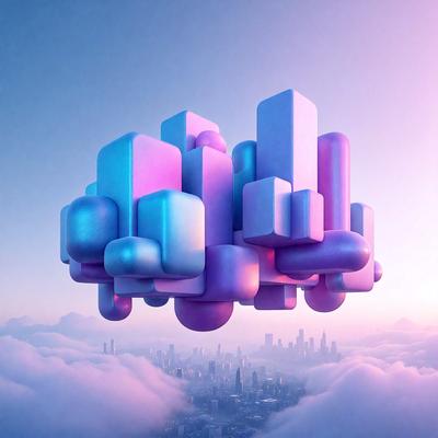 The primary subject of the image is a large, colorful, three-dimensional structure floating in the air. The structure is made up of multiple blocks, each with a different color. The setting is a cloudy sky, which provides a contrasting backdrop for the vibrant structure. The visual style of the image is a combination of digital art and illustration, creating a unique and eye-catching design. The dominant colors in the image are pink, blue, and purple, giving the scene a lively and cheerful atmosphere.